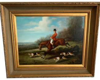 301 - Vintage Signed Hunt Scene Painting 26"x32" (Description): Presented in an ornate gilded frame. The work depicts an equestrian hunting scene. The piece measures 26 inches by 32 inches.