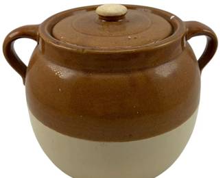 119 - Vintage 2-Tone Stoneware Bean Pot w/ loop handles (Description): 5 x 7