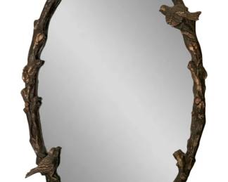 1107 - Mirror 32"x22" (Description): Oval mirror with decorative frame featuring bird and branch motifs. Measures 32 inches by 22 inches.