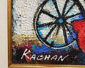 Kachan Signed Oil Painting, Figures on Bicycles