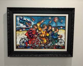 Kachan Signed Oil Painting, Figures on Bicycles