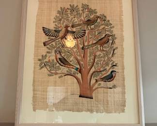 Egyptian Papyrus Painting of Tree of Life with Birds