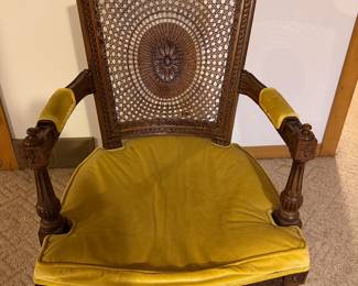 Vintage Regency-style or Louis XVI-style carved-back armchair With Mustard Yellow Velvet Cushion