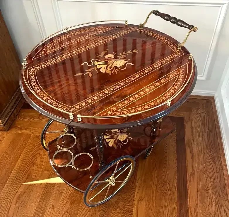 Italian Marquetry Inlaid Wood Serving Cart