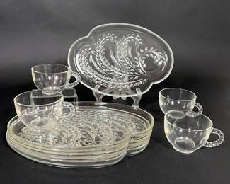 7 Sets of Vintage Clear Pressed Glass Snack Plates Handled Cups Fern Pattern