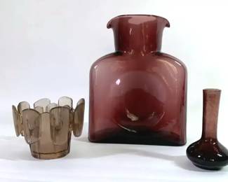 Blenko 384 Pitcher, MCM Viking Candle Holder, and Bud Vase