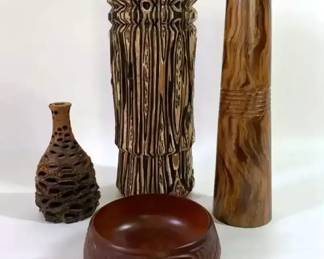 New Zealand Ponga Wood Vase, Mango Wood Vessel, Banksia Seed Pod Vase, and Bowl