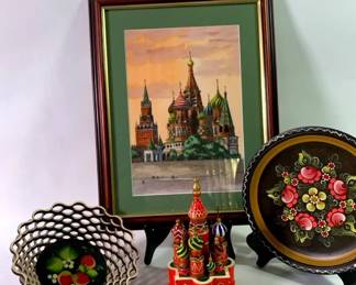 Russian Collection St. Basils Cathedral Print, Music Box, and Enamel Painted Plates