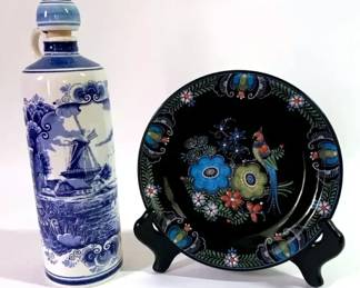 Delft Decanter and Royal Delft Wall Plate Famille Noire