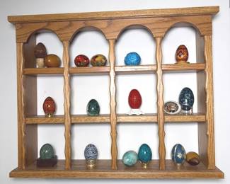 Decorative Egg Collection with Oak Wall Display Shelf Approx. 17 Pieces