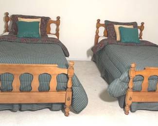 Wooden Maple Twin Bed Frames with Custom Made Bedding, Vintage