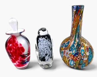 Mirano Millefiori Vase, Vintage Perfume Bottle, and Eamonn Vereker Penguin