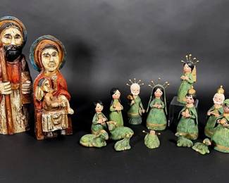 Two Decorative Christmas Nativity Sets Folk Art Holy Family Miniatures