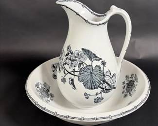 English Pelargonium Black Transferware Pitcher Wash Basin Set H.P. M
