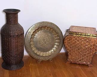 Large Rattan Floor Vase, Chest Ornate Tray 3 Pieces