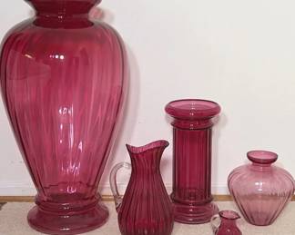 Cranberry Ruby Red Art Glass Vases and Pitchers 5 Pieces