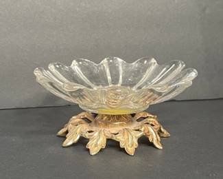 Vintage Hollywood Regency Glass and Gilt Metal Pedestal Bowl