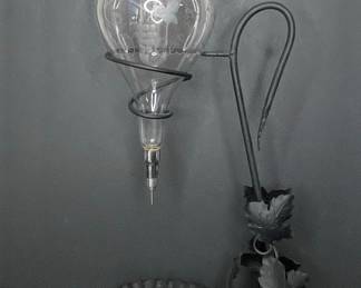 Vintage Etched Glass Wine Aerator Dispenser on Wrought Iron Stand