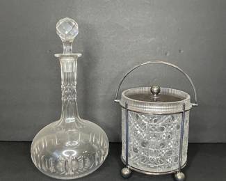 Vintage Cut Glass Decanter and Silver Plate Ice Bucket