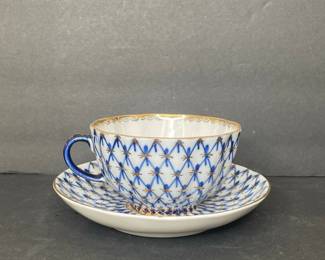 Vintage Lomonosov Cobalt Net Teacup and Saucer