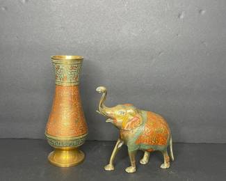 Vintage Etched Brass Vase & Elephant