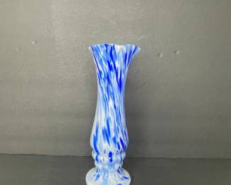 Vintage Blue and White Swirl Art Glass Vase
