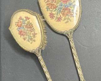 Vintage Petit Point Vanity Brush & Mirror