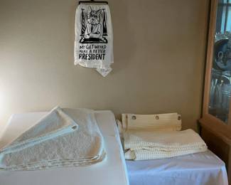 Lot 82: Foam Wedge Pillow, Waffle Weave Cotton Panels, and Cat Print Towel
