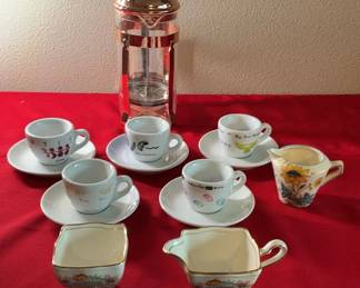 Lot 48: French Copper Press Coffee Maker with Espresso Cups and Creamer Set