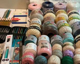 Lot 27: Crochet Hooks and Assorted Crochet Thread Yarn Lot