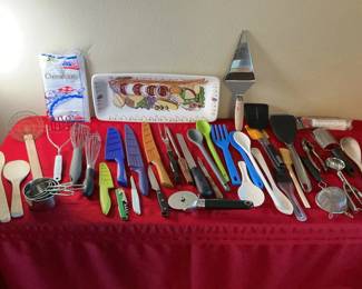 Lot 75: Assorted Kitchen Utensils, Knives, and Serving Tray