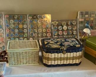 Lot 84: Collection of Thimbles, Thread Spools, and Storage Boxes