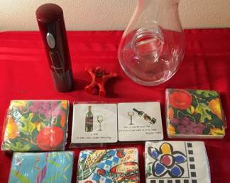 Lot 63: NEW Polish Wine Decanter, Oster Electric Wine Opener, and Decorative Cocktail Napkins