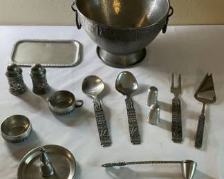Lot 42: Holsen Norway Pewter Serving Bowl and Utensil Set