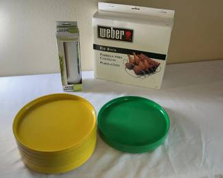 Lot 41: Heller Plastic Trays, Weber Rib Rack, and Herb Saver Container
