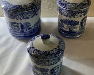 Lot 39: Set of Three Spode Italian Blue and White Ceramic Canisters with Lids