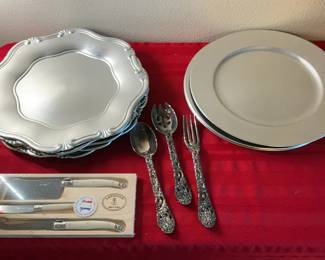 Lot 67: Sur La Table Charger Plates, French Cheese Knife Set and Neiman Marcus Serving Utensils