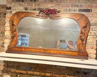 Victorian Walnut Mirror with Carved Crest and Scrollwork $350