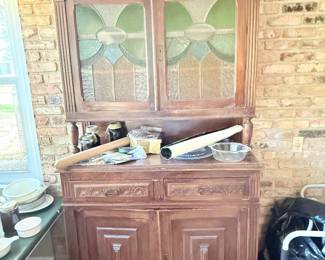 Antique Flemish Sideboard, Solid Oak and Stained Glass $1200