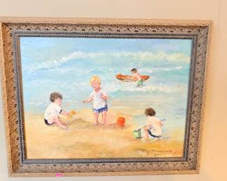 Oil Painting of Children Playing at Beach - Signed Work $300