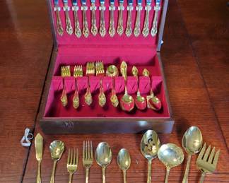 Estia G.P. " Golden Cascade" Vintage Gold-Plated Flatware Set, Approx 66 Pieces, In Wooden Storage Box