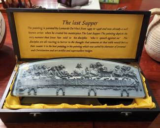"The Last Supper" Sculptural Relief Glass Plaque And Wooden Display Stand, In Presentation Box
