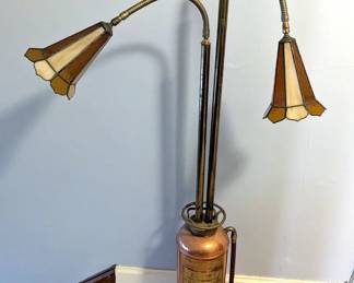 Repurposed K-M Fire Extinguisher Floor Lamp With Dual Stained Glass Shades
