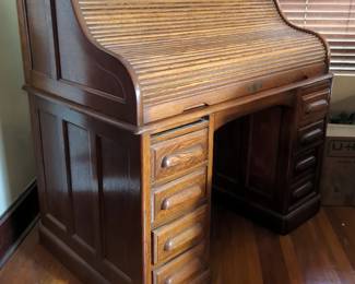 Oak Roll-Top Desk With Chair, Approx 50" x 48" x 31"