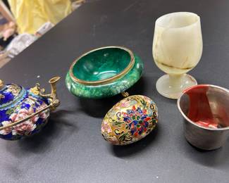 Malachite, alabaster, sterling silver, champleve, and cloisonne