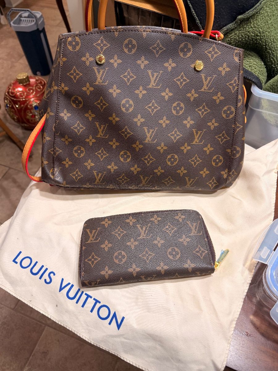 Louis Vuitton Monogram Handbag – Classic Louis Vuitton-branded monogram handbag with coordinating accessories. Louis Vuitton Monogram Wallet – Matching Louis Vuitton-branded wallet with traditional monogram pattern.