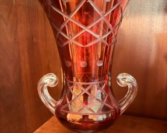 Vintage Ruby red cut to clear glass trophy vase