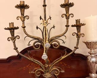 Crystal-Accent Candelabra – Elegant five-arm metal candelabra featuring hanging crystal accents.