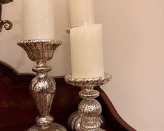 Mercury-Glass Candleholders – Decorative silver-tone pillar candleholders.