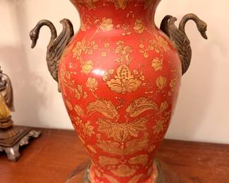 Decorative Asian Red-and-Gold Urn – Large ornamental urn featuring decorative swan handles.